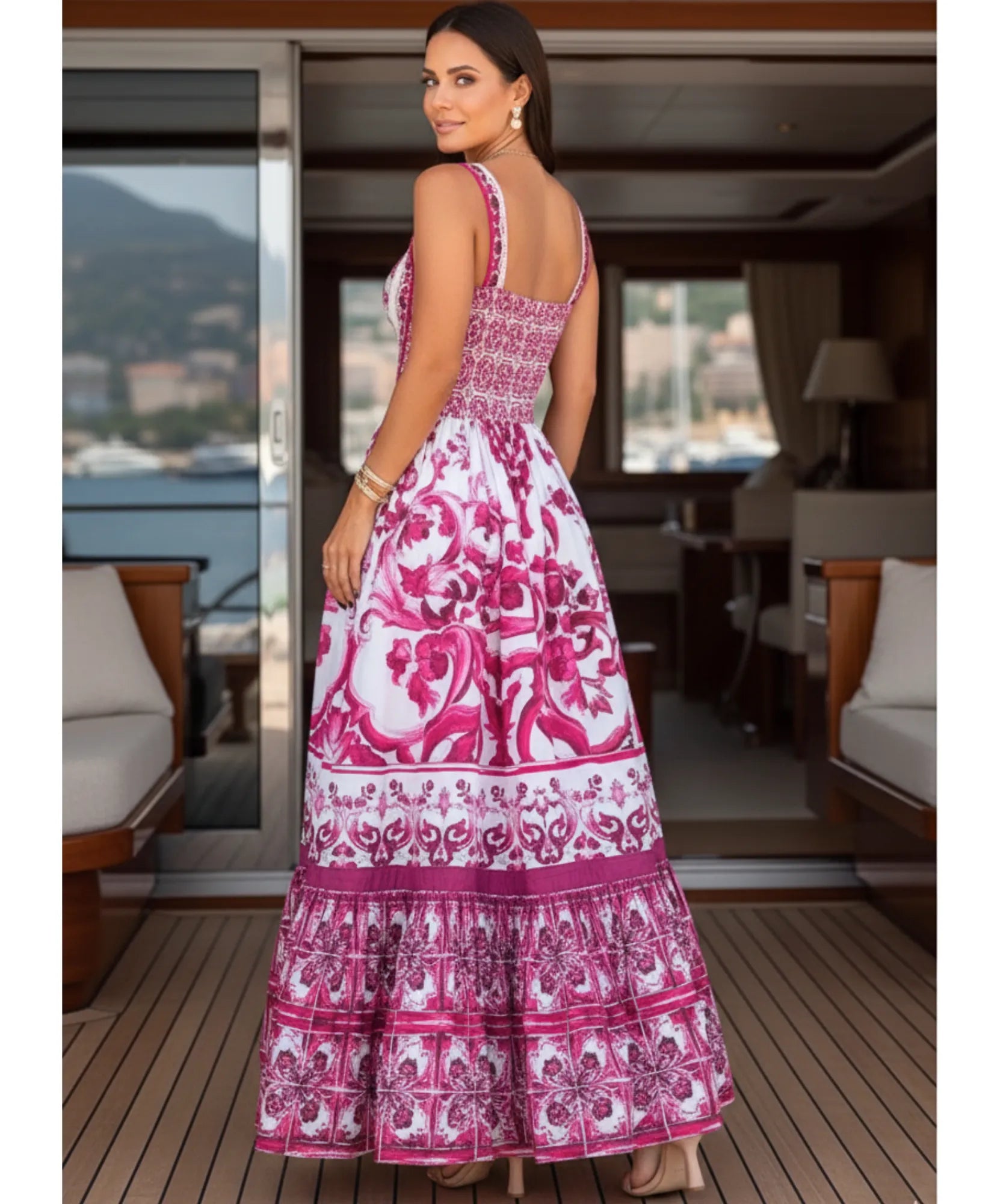 Comprar vestido midi feminino boho estampado com alças finas franzido costas para festa verão barato em promoção ZARA
