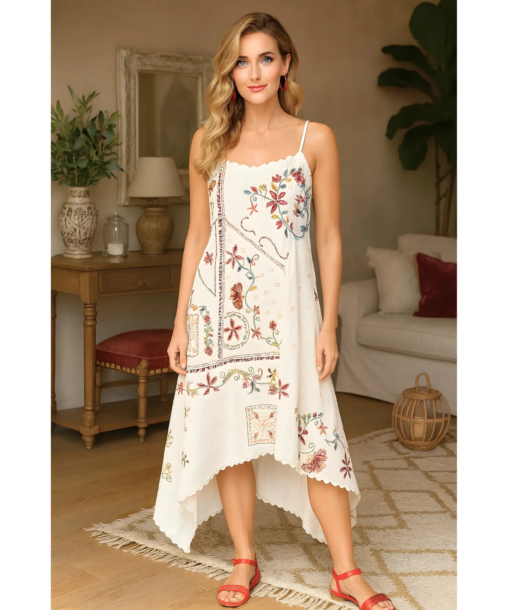 Comprar vestido midi feminino bordado boho com alças finas e barra assimétrica em algodão premium barato em promoção ZARA
