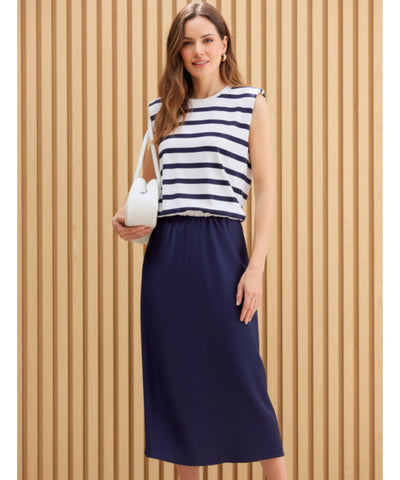 Vestido Midi Feminino Listrado Casual de Malha Elegante | Nellie