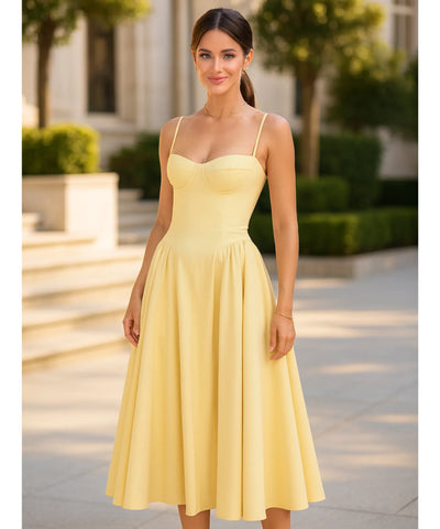 Comprar Vestido midi de festa amarelo corset em zibeline barato para madrinhas, formaturas e eventos de gala em promoção KOJI STORE