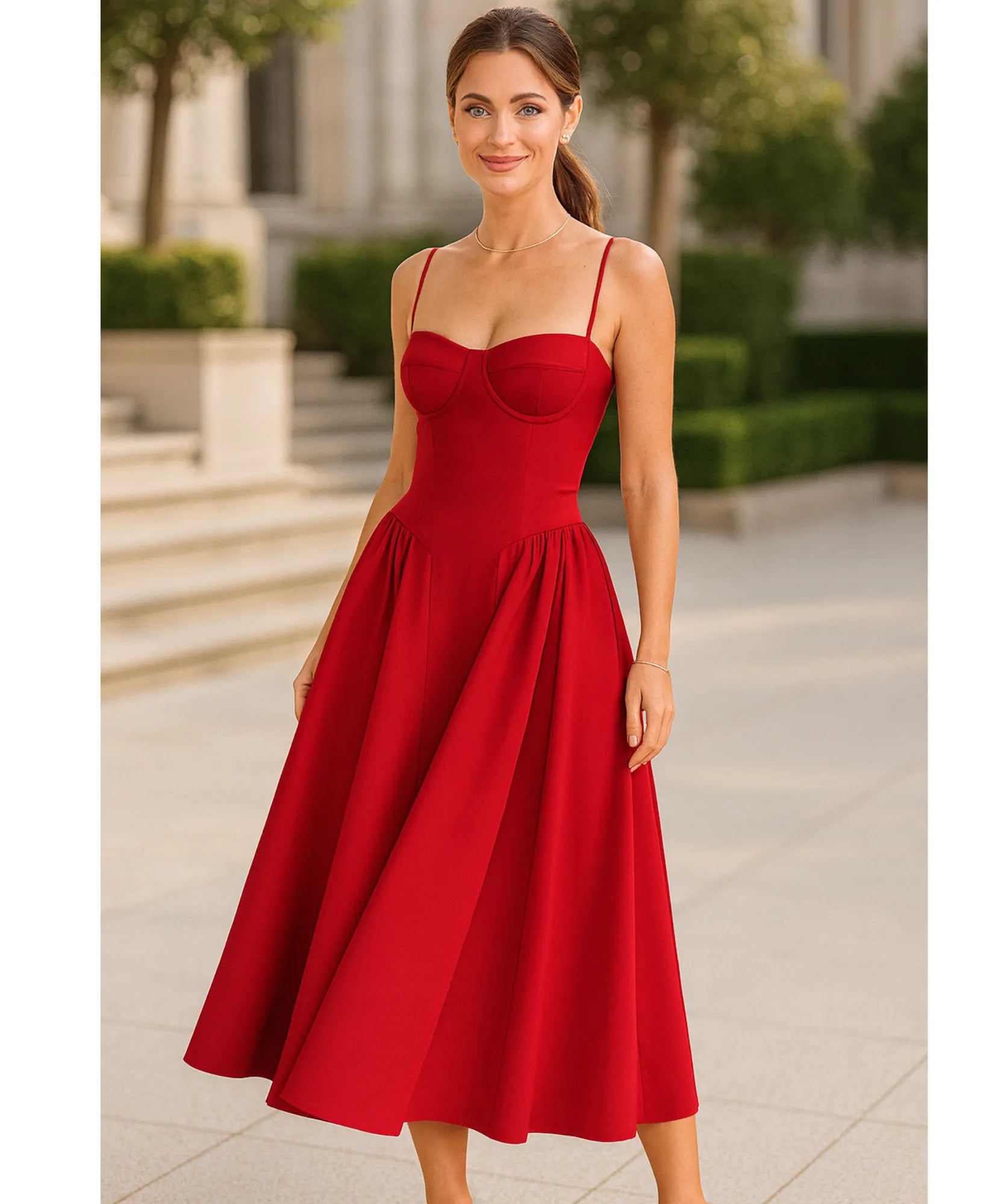 Comprar Vestido midi de festa vermelho corset em zibeline barato para madrinhas, formaturas e eventos de gala em promoção KOJI STORE