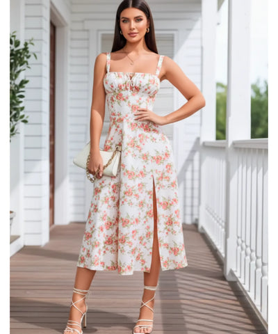Comprar vestido midi floral com alças amarração nas costas elegante para festa casamento formatura verão em promoção ZARA