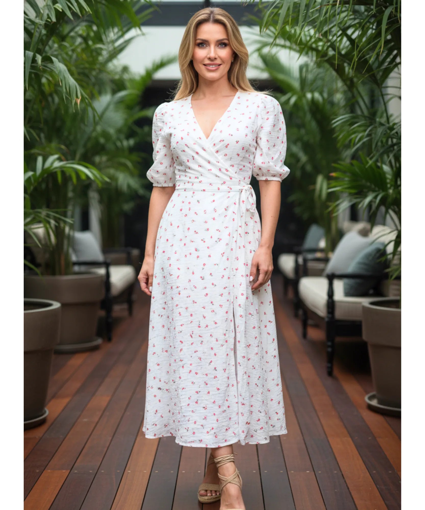 Comprar vestido midi florido feminino transpassado manga bufante amarração lateral verão barato promoção ZARA
