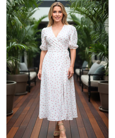 Comprar vestido midi florido feminino transpassado manga bufante amarração lateral verão barato promoção ZARA
