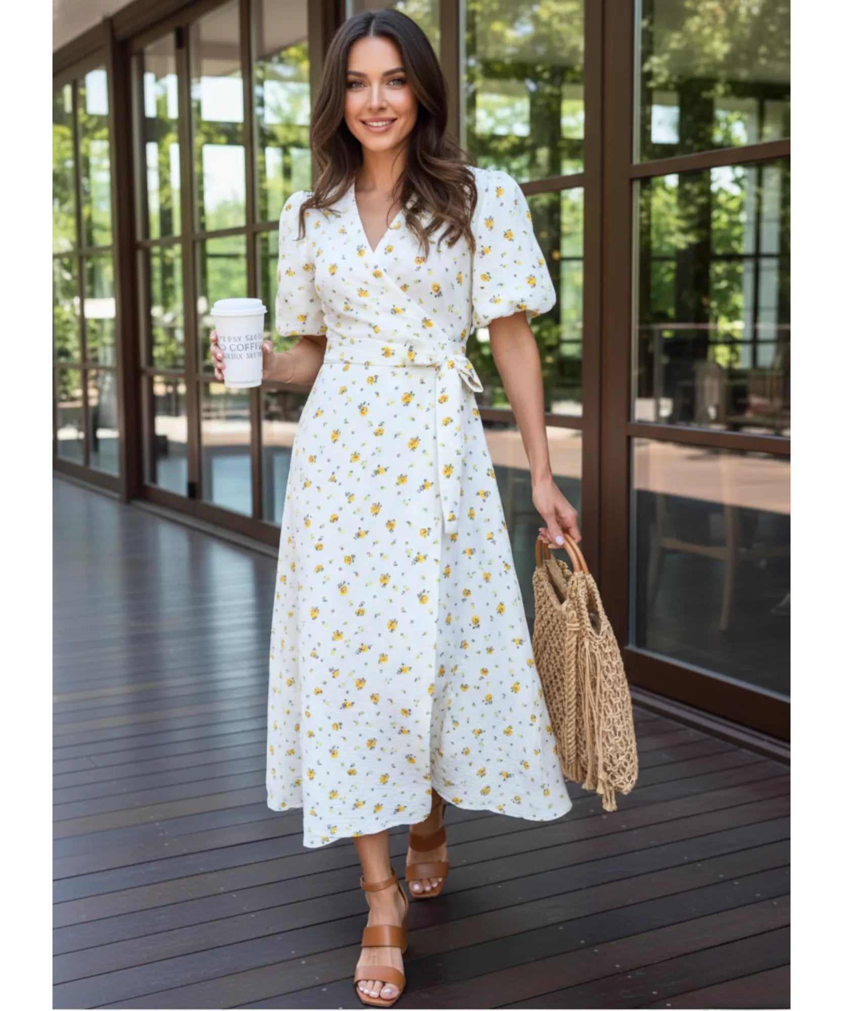 Comprar vestido midi florido feminino transpassado manga bufante amarração lateral verão barato promoção ZARA
