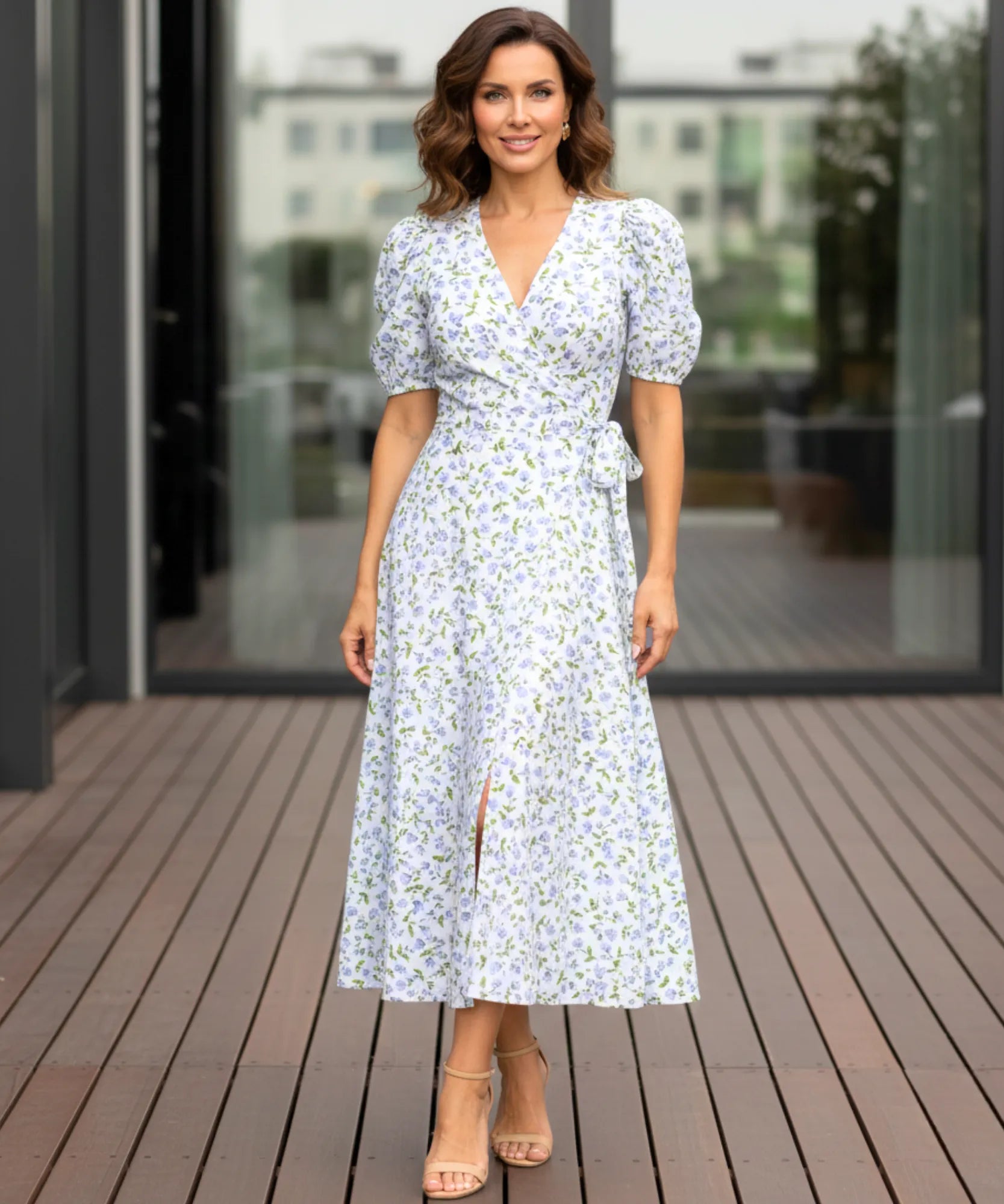 Comprar vestido midi florido feminino transpassado manga bufante amarração lateral verão barato promoção ZARA
