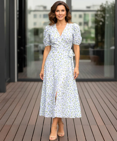 Comprar vestido midi florido feminino transpassado manga bufante amarração lateral verão barato promoção ZARA
