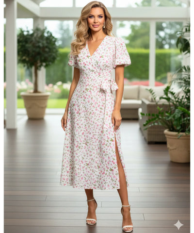 Comprar vestido midi florido feminino transpassado manga bufante amarração lateral verão barato promoção ZARA
