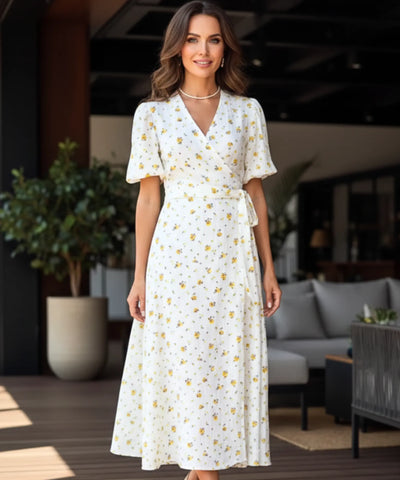 Comprar vestido midi florido feminino transpassado manga bufante amarração lateral verão barato promoção ZARA
