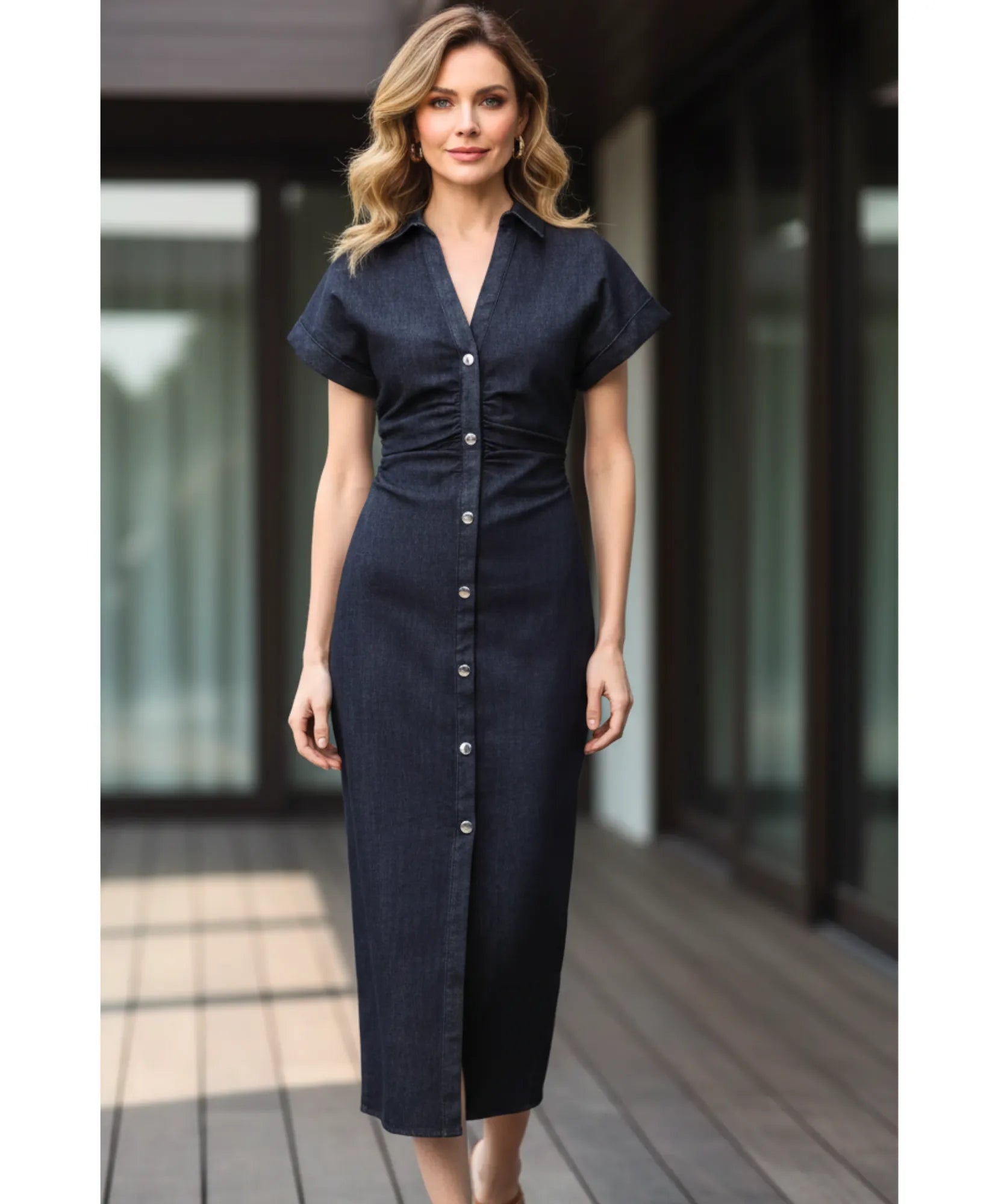 Vestido Midi Jeans Feminino Casual Elegante