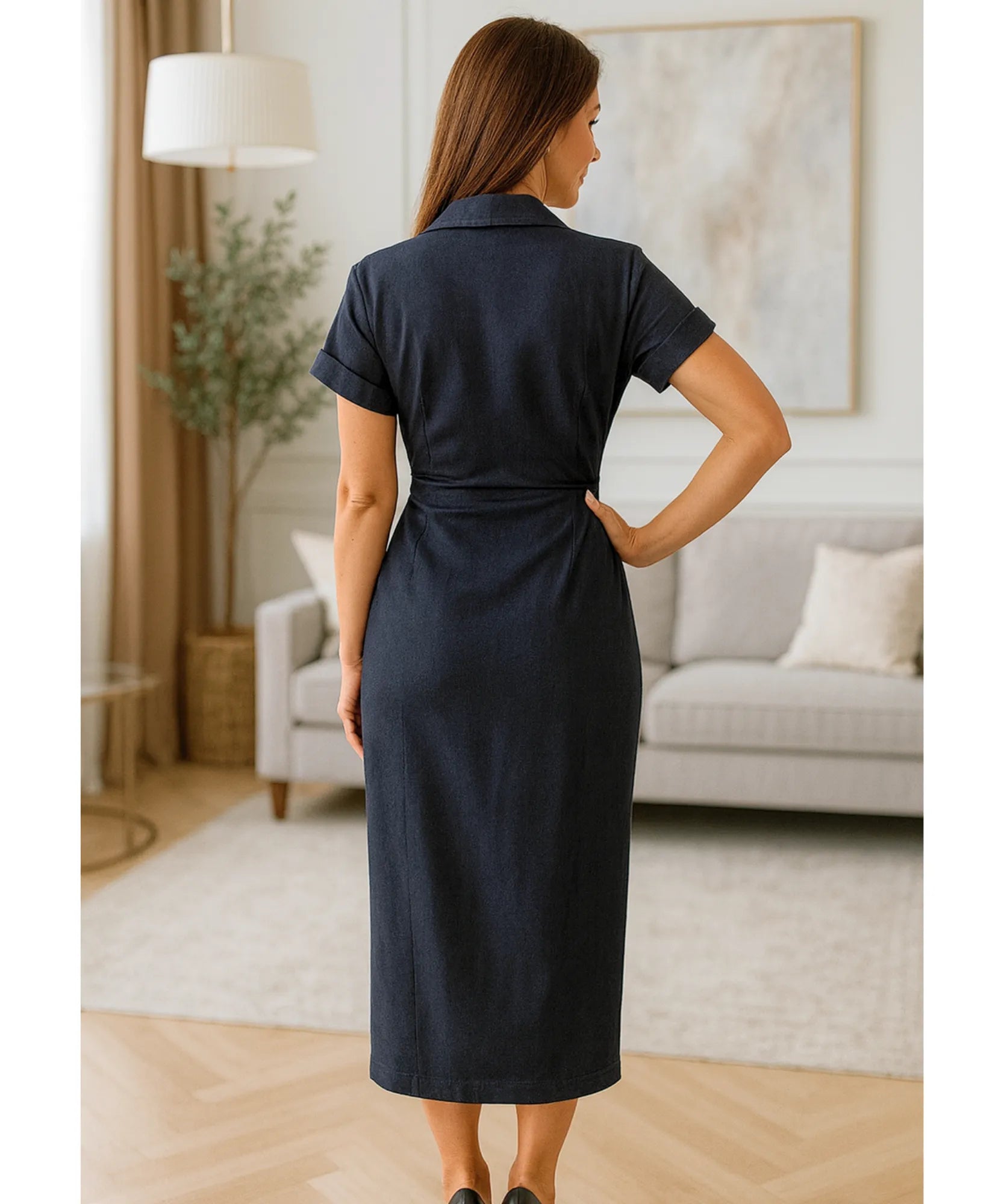 Vestido Midi Jeans Feminino Manga Curta Azul Marinho Casual Elegante barato em promoção ZARA