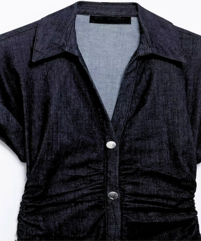 Vestido Midi Jeans Feminino Manga Curta Azul Marinho Casual Elegante barato em promoção ZARA