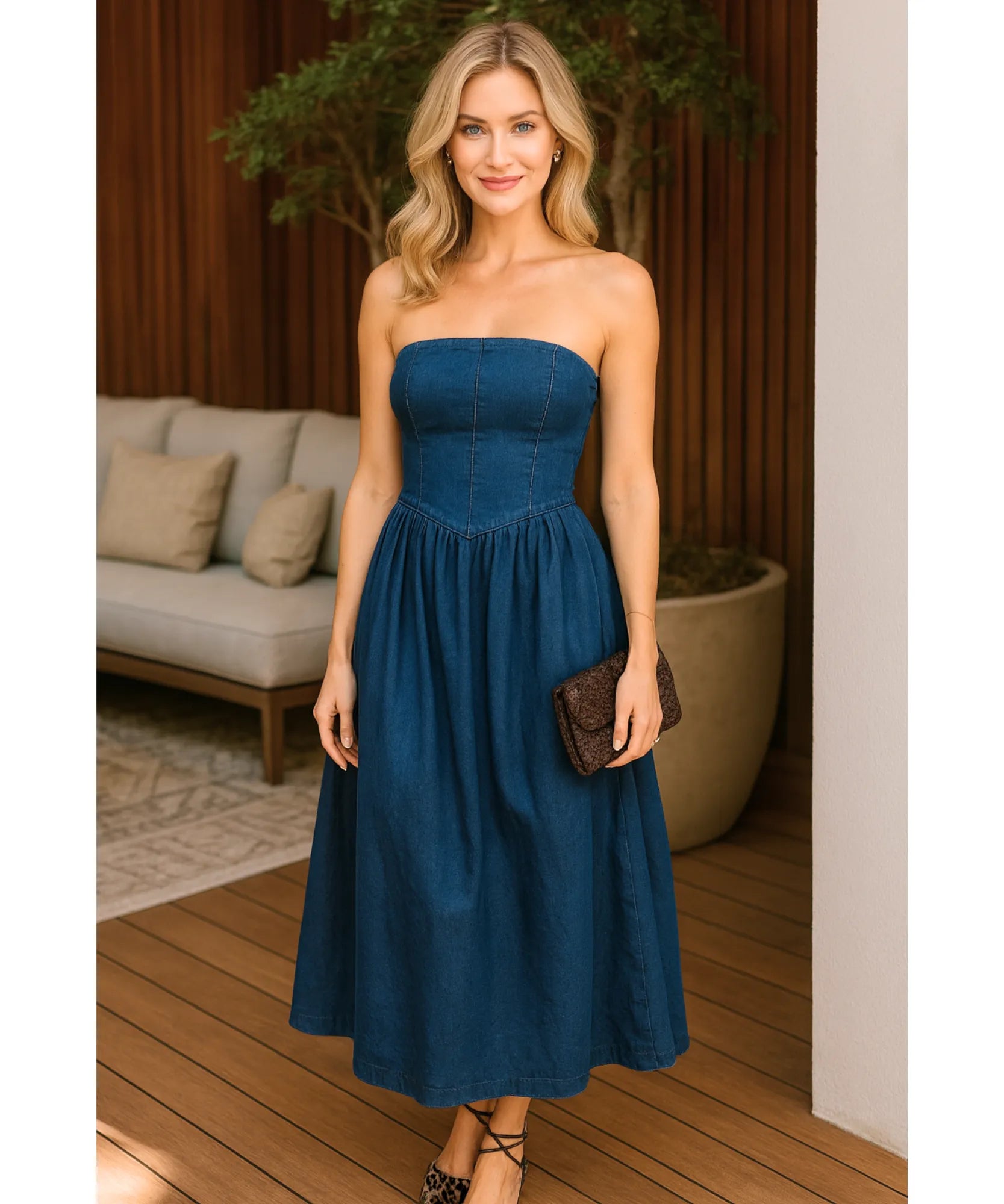 Comprar vestido midi jeans tomara que caia feminino casual elegante com zíper barato em promoção ZARA
