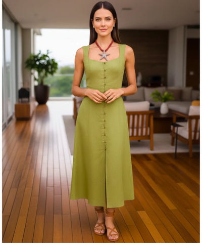 Vestido Midi Linho Botões Frontais Alças Verão | Helô