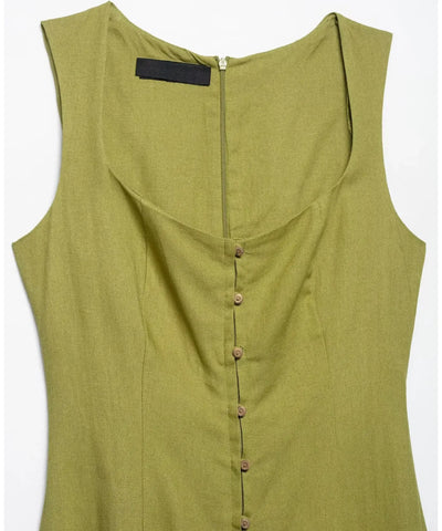 Vestido Midi Linho Botões Frontais Alças Verão | Helô