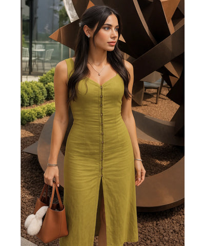 Vestido Midi Linho Botões Frontais Alças Verão | Helô