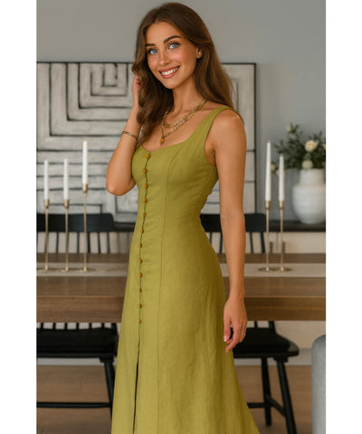 Vestido Midi Linho Botões Frontais Alças Verão | Helô