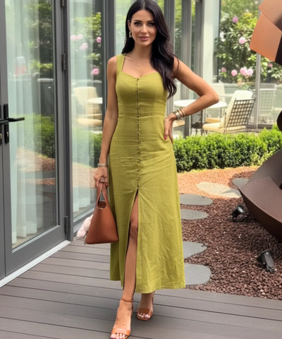 Comprar vestido midi de linho verde com botões frontais e fenda elegante para verão, oferta exclusiva com desconto e frete grátis ZARA