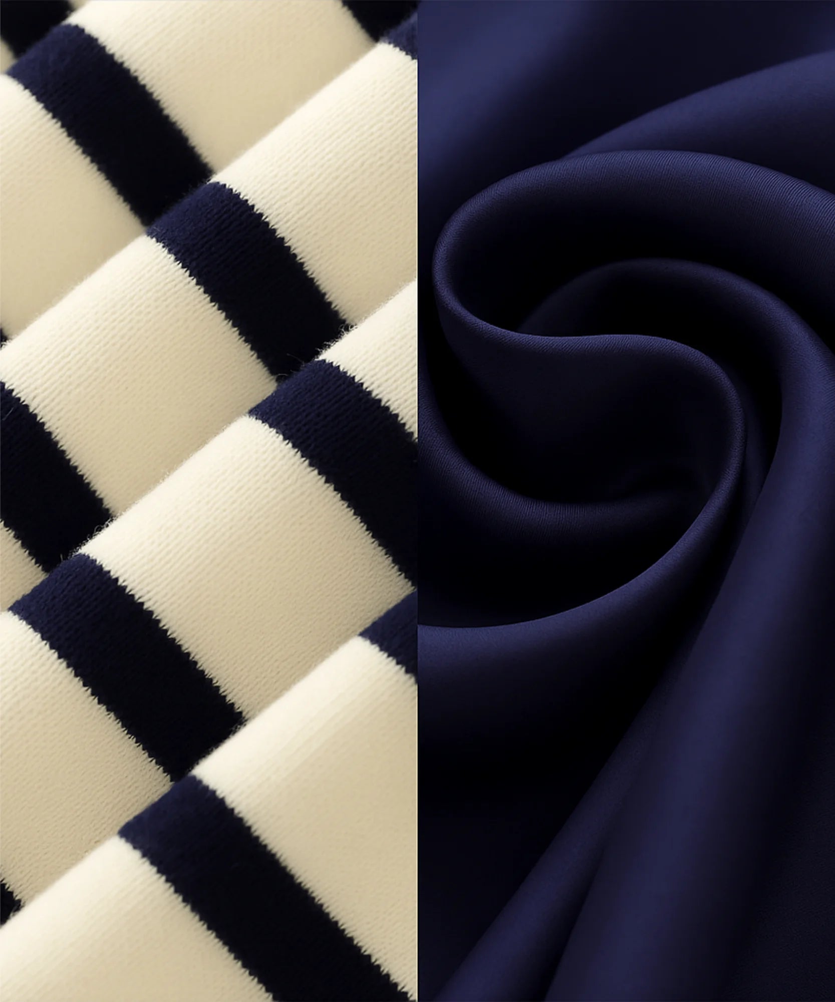 Amostra de tecido do vestido midi listrado: malha listrada e tecido liso azul marinho