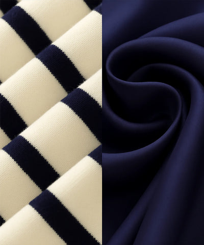 Amostra de tecido do vestido midi listrado: malha listrada e tecido liso azul marinho