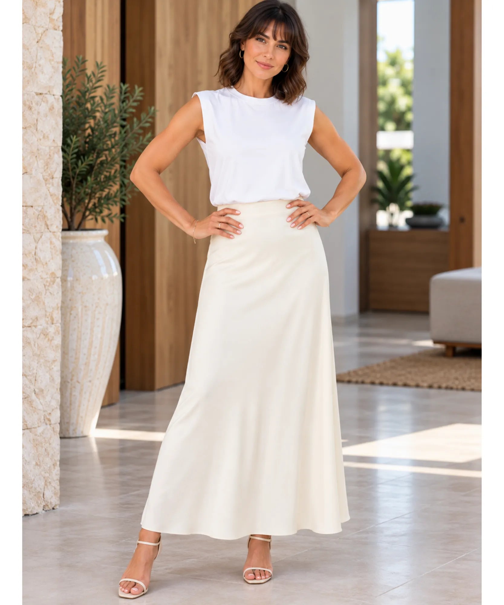Vestido midi listrado bege, modelo de frente com a mão no cabelo