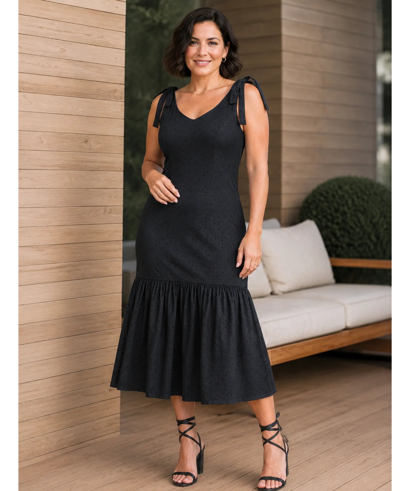 Comprar vestido midi feminino malha laise babado sereia alças ajustáveis decote V social elegante barato promoção ANELLIMN
