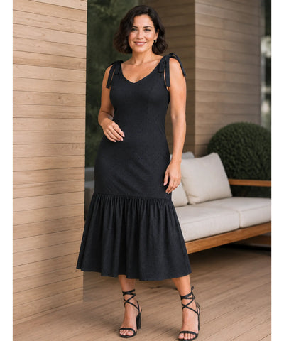 Comprar vestido midi feminino malha laise babado sereia alças ajustáveis decote V social elegante barato promoção ANELLIMN