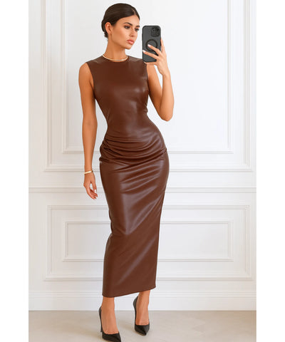 Vestido Midi Marrom Couro Eco Festa Elegante | Iana