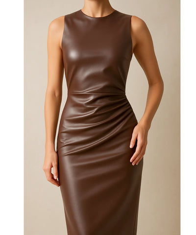 Vestido Midi Marrom Couro Eco Festa Elegante | Iana