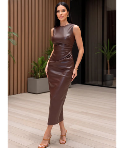 Comprar vestido midi marrom couro eco premium regata ajustado elegante festa balada casamento em promoção LADY DRESS