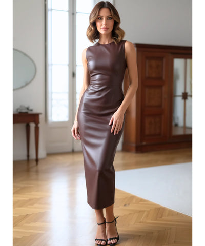 Comprar vestido midi marrom couro eco premium regata ajustado elegante festa balada casamento em promoção LADY DRESS