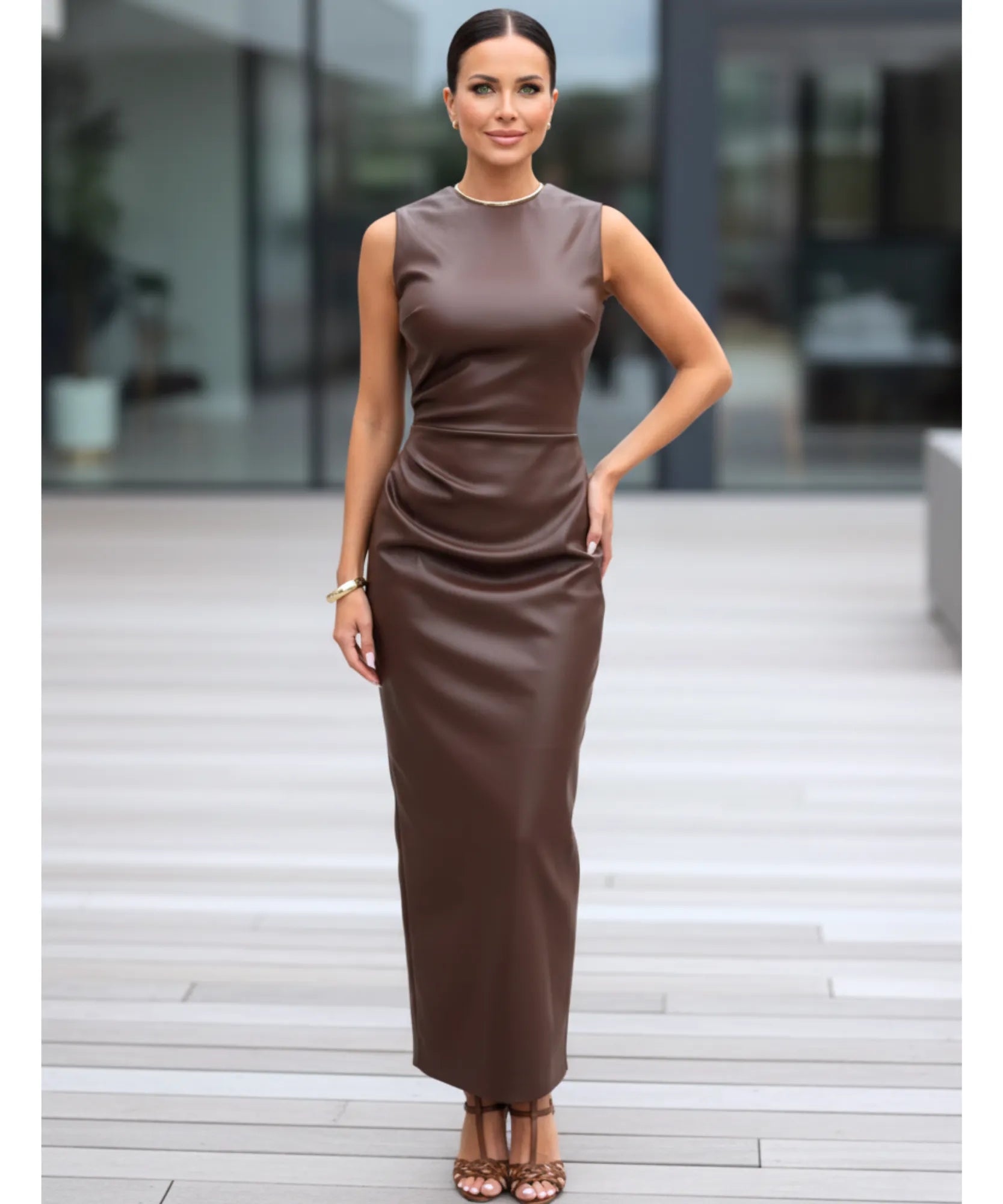 Comprar vestido midi marrom couro eco premium regata ajustado elegante festa balada casamento em promoção LADY DRESS