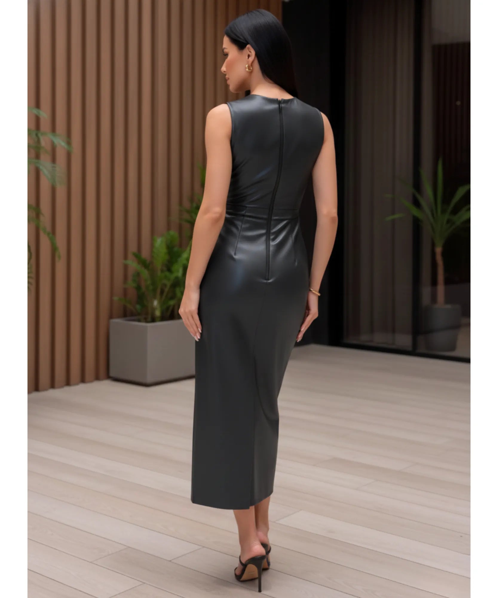 Comprar vestido midi marrom couro eco premium regata ajustado elegante festa balada casamento em promoção LADY DRESS