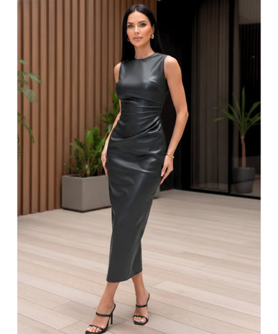 Comprar vestido midi marrom couro eco premium regata ajustado elegante festa balada casamento em promoção LADY DRESS