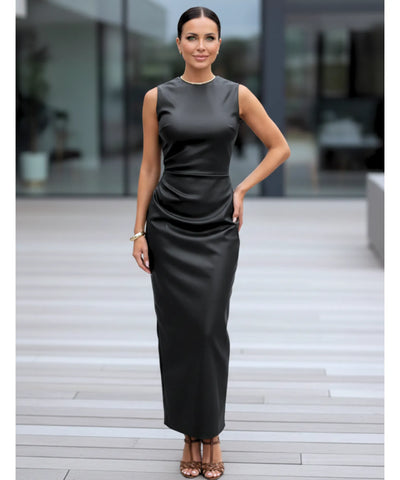 Comprar vestido midi marrom couro eco premium regata ajustado elegante festa balada casamento em promoção LADY DRESS