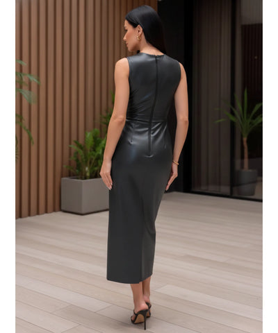 Comprar vestido midi marrom couro eco premium regata ajustado elegante festa balada casamento em promoção LADY DRESS