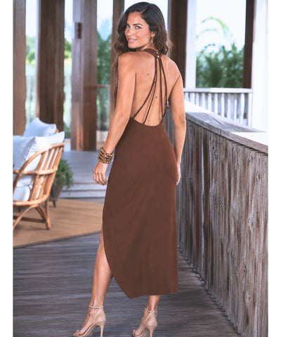 Comprar vestido midi transpassado com decote V e argola metálica na cintura barato e em promoção ANELLIMN