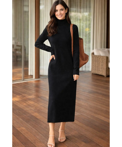 Vestido Longo de Tricot com Gola Alta Feminino Elegante | Jamila