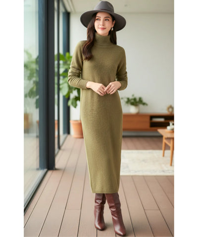 Vestido Longo de Tricot com Gola Alta Feminino Elegante | Jamila