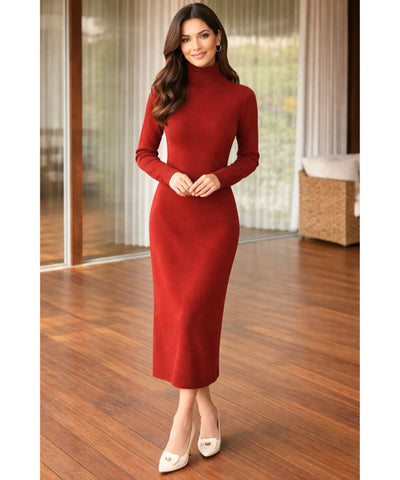 Vestido Longo de Tricot com Gola Alta Feminino Elegante | Jamila
