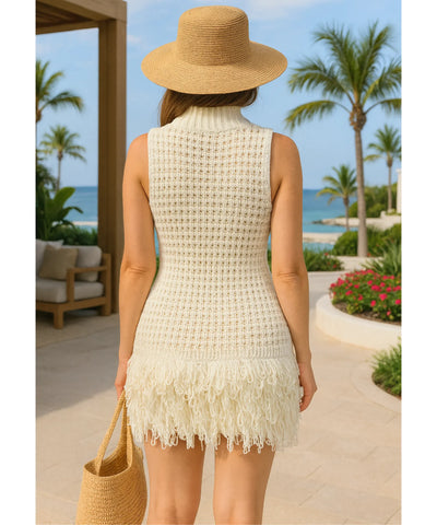 Comprar vestido off white tricot feminino com franjas gola alta elegante para festa verão barato promoção ZARA
