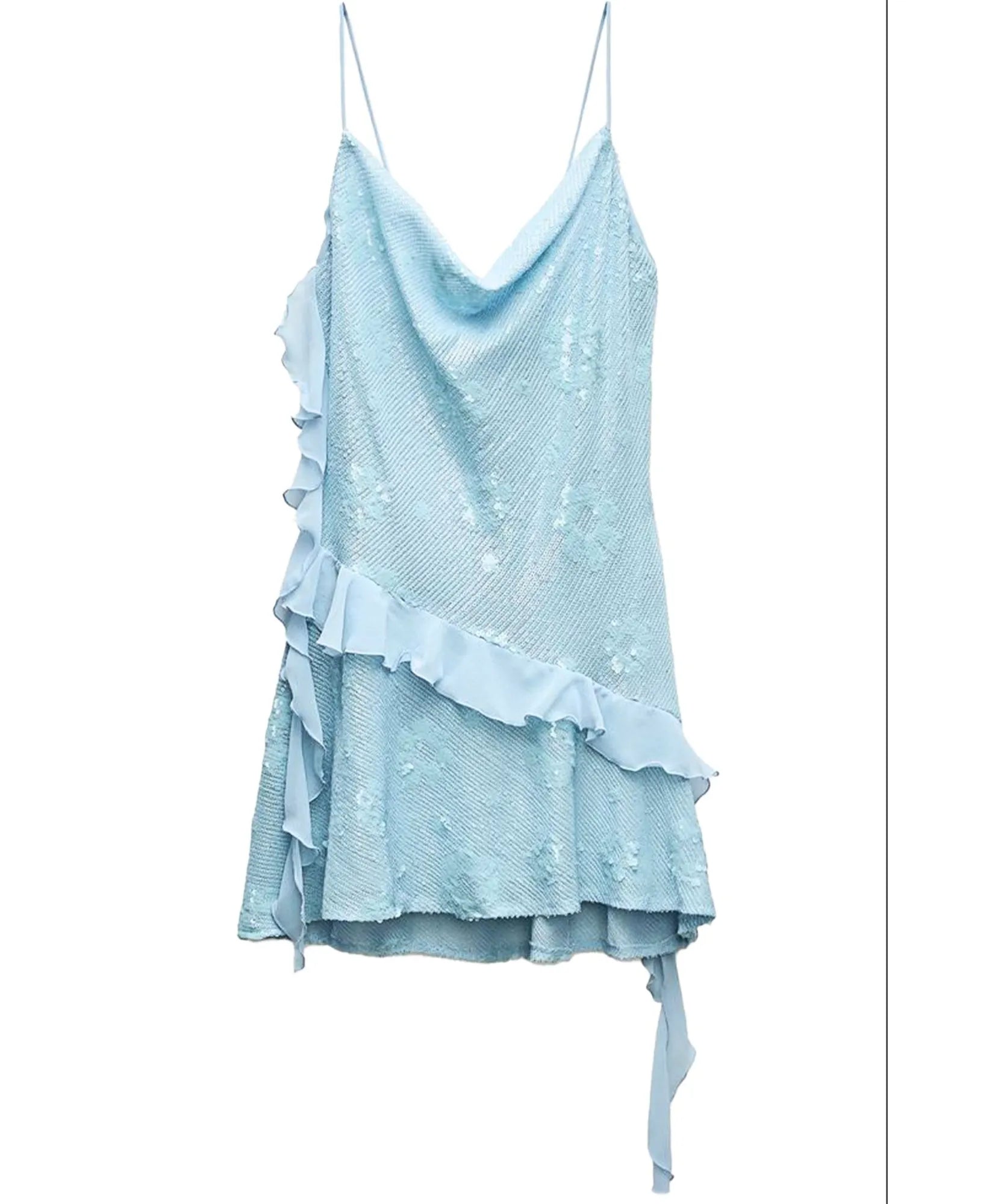 Vestido curto paetê azul claro, peça still sem modelo
