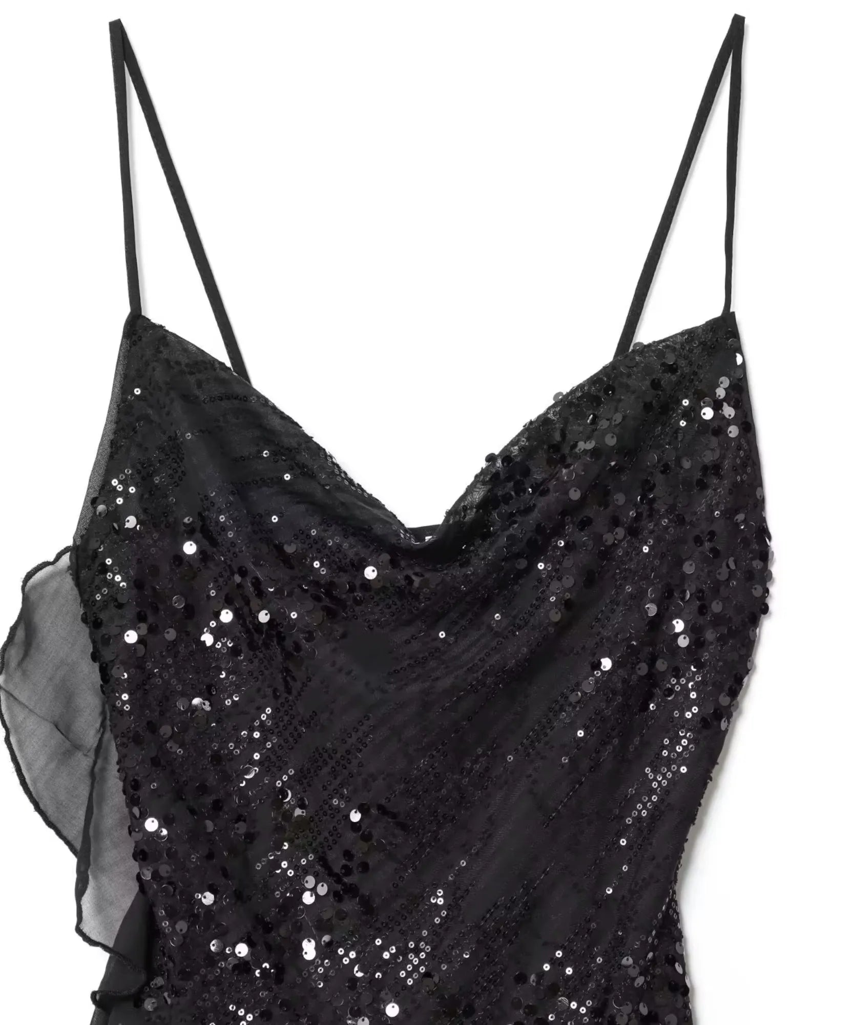 Vestido curto paetê preto, close do tecido com paetês