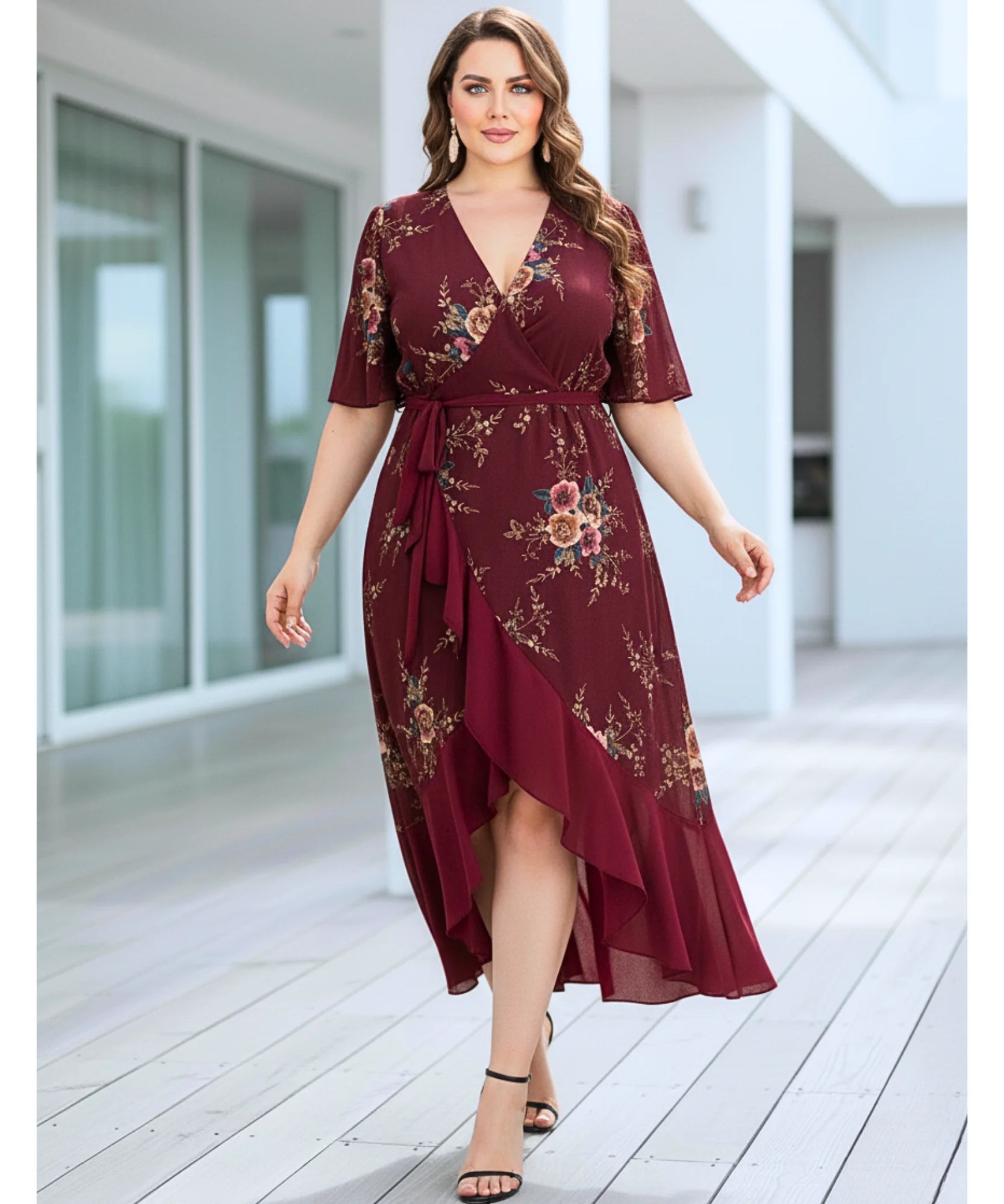 Comprar vestido plus size florido midi transpassado envelope elegante festa marsala barato promoção ZARA