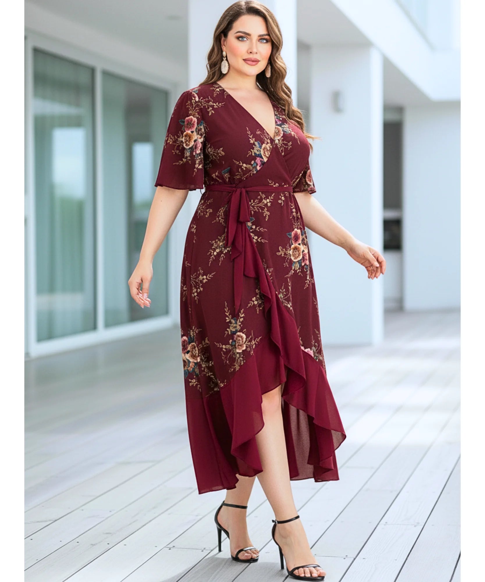 Comprar vestido plus size florido midi transpassado envelope elegante festa marsala barato promoção ZARA