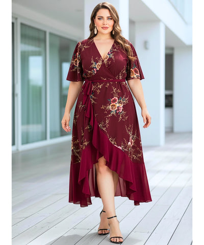 Comprar vestido plus size florido midi transpassado envelope elegante festa marsala barato promoção ZARA