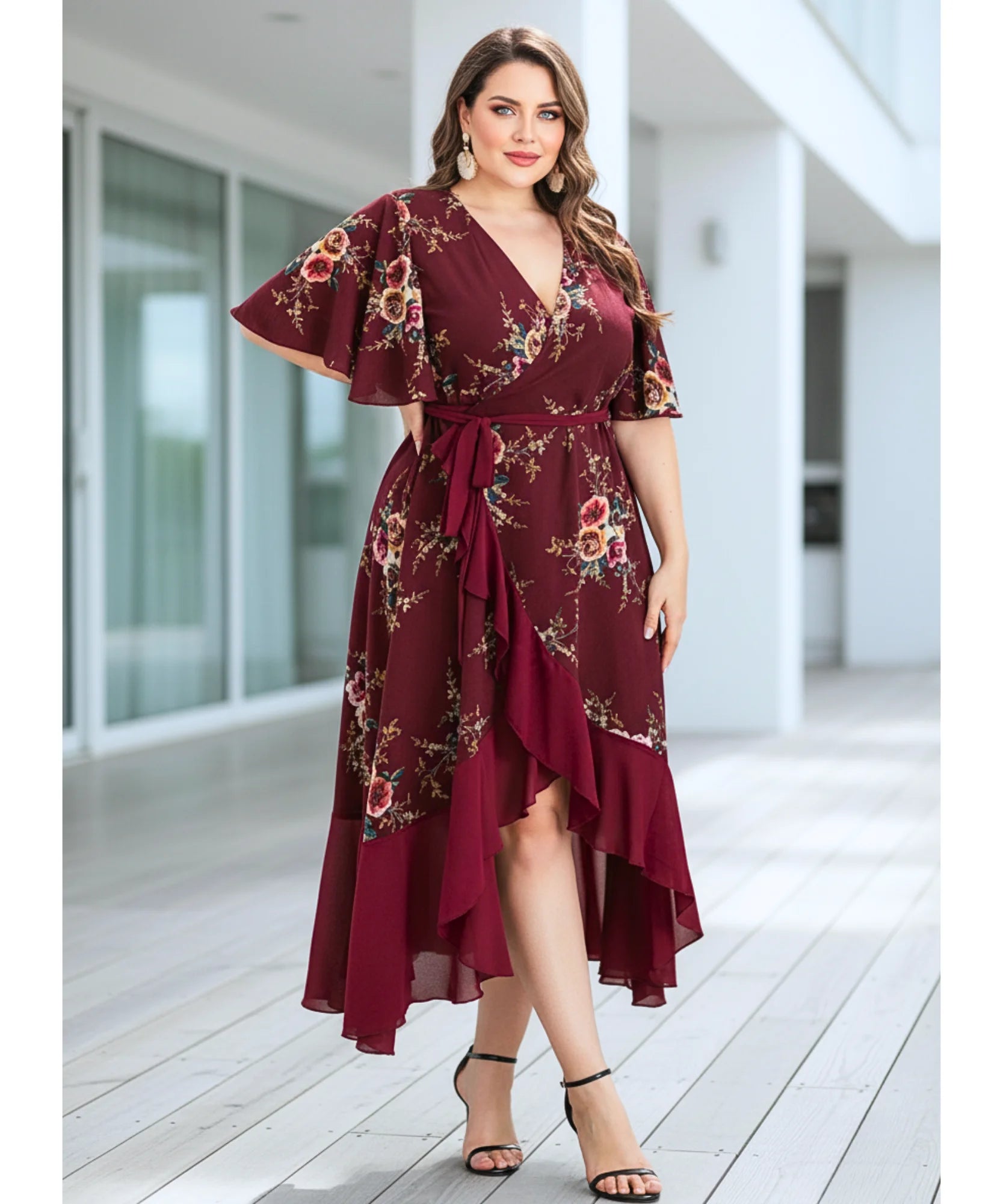Comprar vestido plus size florido midi transpassado envelope elegante festa marsala barato promoção ZARA