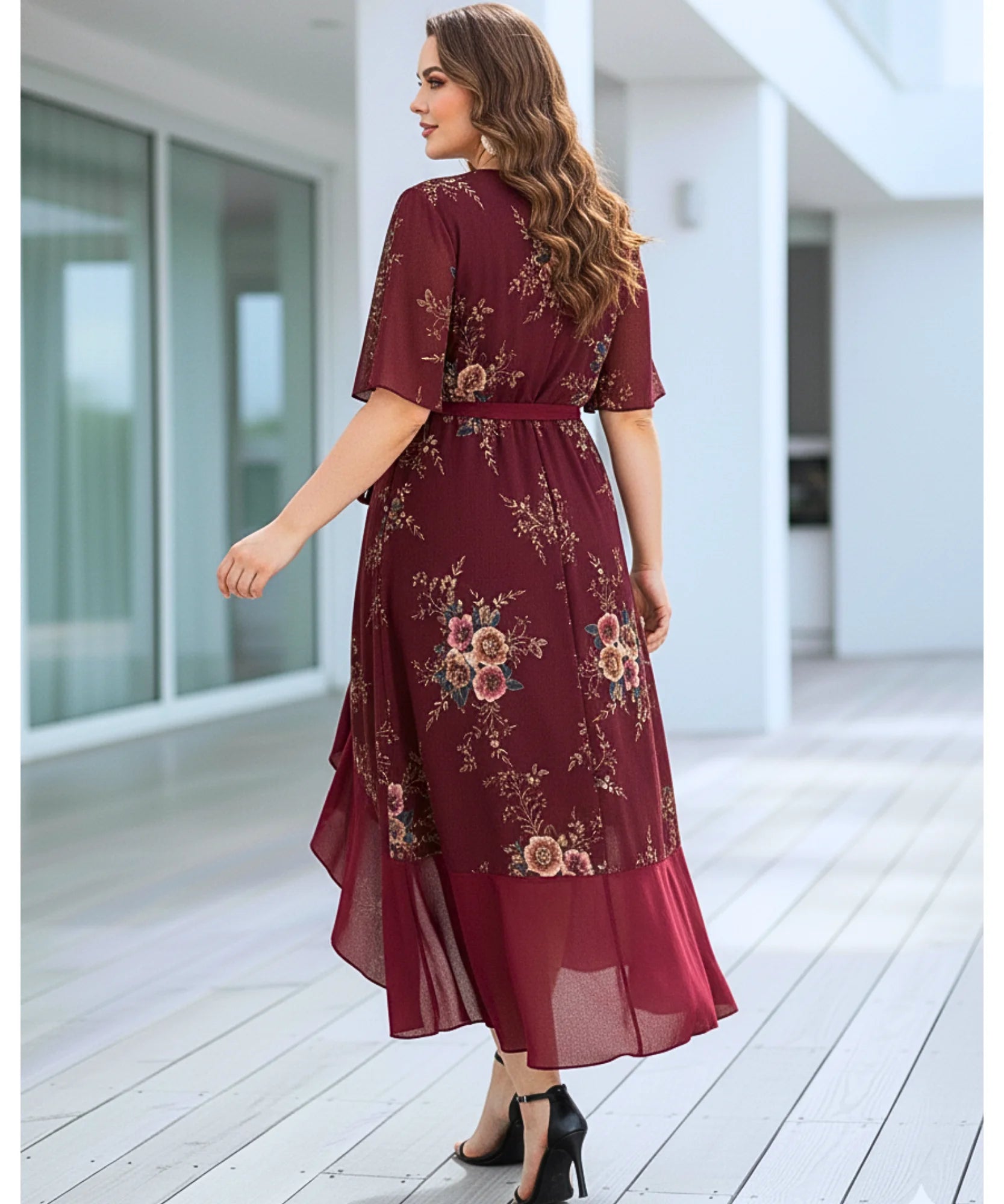 Comprar vestido plus size florido midi transpassado envelope elegante festa marsala barato promoção ZARA