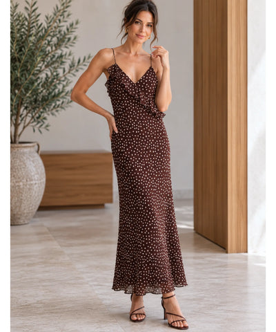 Comprar vestido poá longo decote V marrom em promoção Anellimn