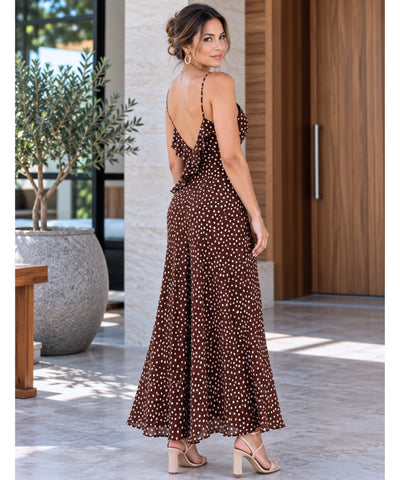 Comprar vestido poá longo costas abertas marrom em promoção Anellimn